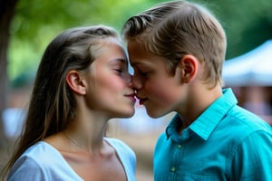 In an endearing photograph, one young european girl and one young European boy, standing, looking directly at each other. Leaning towards each other, kissing on lips, kiss, lips touching, transforming.  The background, beautifully blurred through a high depth of field, Captured in a Photographic style with a 50mm prime lens, ensuring exquisite facial details and a natural perspective that brings out the authenticity of their love