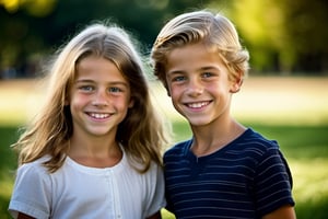 In an endearing photograph, one young european girl and one young European boy with radiant smiles and sparkling eyes, standing, looking directly at the viewer. The background, beautifully blurred through a high depth of field, Captured in a Photographic style with a 50mm prime lens, ensuring exquisite facial details and a natural perspective that brings out the authenticity of their friendship.   