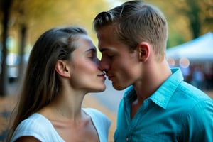 In an endearing photograph, one young european woman and one young European man, standing, looking directly at each other. Leaning towards each other, kissing on lips, kiss, lips touching, transforming.  The background, beautifully blurred through a high depth of field, Captured in a Photographic style with a 50mm prime lens, ensuring exquisite facial details and a natural perspective that brings out the authenticity of their love