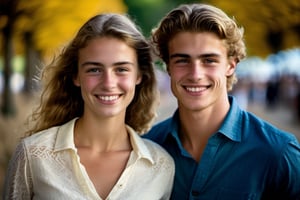 In an endearing photograph, one young european woman and one young European man with radiant smiles and sparkling eyes, standing, looking at viewer,The background, beautifully blurred through a high depth of field, Captured in a Photographic style with a 50mm prime lens, ensuring exquisite facial details and a natural perspective that brings out the authenticity of their love. 