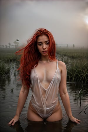 Realistic image of a girl with red hair, white skin, black eyes and a calm expression, wearing a transparent nightgown, in a wide swamp at dusk. The scene captures stagnant water and lots of mud, with some reptiles visible. The environment is shrouded in fog, contributing to a mysterious and gloomy atmosphere. Subtle reflections in the water add depth to the composition