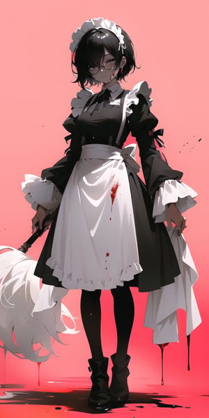 BEST QUALITY, HIGHRES, ABSURDRES, HIGH_RESOLUTION, MASTERPIECE, SUPER DETAIL, HYPER DETAIL, INTRICATE_DETAILS, PERFECTEYES, DARK EYELASHES, EYELINER, SOFT GLOWING EYES, 64K, SCORE_9,

red_background, 1girl, solo, black_hair, maid, thighhighs, maid_headdress, apron, standing, bloody_clothes, short_hair, simple_background, long_sleeves, blood, shadow, bloody_weapon, dress, weapon, holding, maid_apron, frills, black_footwear, closed_mouth, black_dress, black_legwear, full_body, dripping, blood_on_face, hair_over_one_eye, pink_background, puffy_sleeves, looking_at_viewer, shoes, bangs, alternate_costume, holding_weapon, red_theme, black_eyes, blood_splatter, frilled_dress, garter_straps, glasses, legs_apart, half-closed_eyes, expressionless, breasts, wavy_hair, mop, dark_skin, red_eyes, white_apron, glowing_eyes, jewelry, smile, boots, glowing, closed_eyes, frilled_apron, hair_between_eyes, frilled_sleeves, skirt, juliet_sleeves,