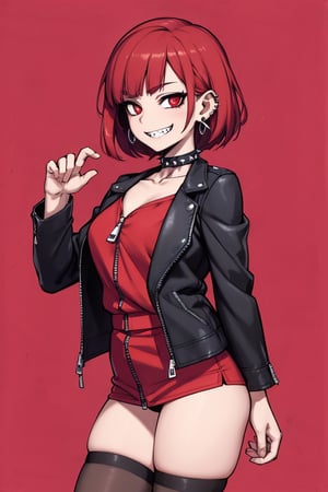 SCORE 9, SCORE 8 UP, SCORE 7 UP, SCORE 6 UP,
BEST QUALITY, HIGHRES, ABSURDRES, 4K, 8K, 64K,
MASTERPIECE, SUPER DETAIL, INTRICATE DETAILS, PERFECTEYES, VERY AESTHETIC,

source_anime, red_background, 1girl, solo, smile, jacket, simple_background, looking_at_viewer, ear_piercing, piercing, jewelry, thighhighs, thigh_strap, black_jacket, earrings, pink_background, bangs, zipper, leather, zipper_pull_tab, red_eyes, standing, cowboy_shot, black_hair, leather_jacket, grin, spikes, short_hair, from_side, collar, long_sleeves, blunt_bangs, choker, black_legwear, sharp_teeth, realistic,