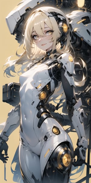 BEST QUALITY, HIGHRES, ABSURDRES, HIGH_RESOLUTION, MASTERPIECE, SUPER DETAIL, HYPER DETAIL, INTRICATE_DETAILS, PERFECTEYES, DARK EYELASHES, EYELINER, SOFT GLOWING EYES, 64K, SCORE_9,

yellow_background, solo, yellow_eyes, breasts, looking_at_viewer, white_hair, bodysuit, cyborg, simple_background, smile, yellow_theme, medium_breasts, long_hair, standing, cyberpunk, covered_navel, cowboy_shot, robot_joints, pale_skin, science_fiction, bangs, hair_over_one_eye, skin_tight, small_breasts, closed_mouth, lips, blush, blonde_hair, glowing, parted_lips,