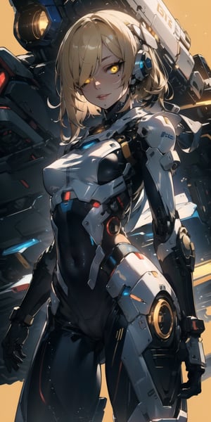 BEST QUALITY, HIGHRES, ABSURDRES, HIGH_RESOLUTION, MASTERPIECE, SUPER DETAIL, HYPER DETAIL, INTRICATE_DETAILS, PERFECTEYES, DARK EYELASHES, EYELINER, SOFT GLOWING EYES, 64K, SCORE_9,

yellow_background, solo, yellow_eyes, breasts, looking_at_viewer, white_hair, bodysuit, cyborg, simple_background, smile, yellow_theme, medium_breasts, long_hair, standing, cyberpunk, covered_navel, cowboy_shot, robot_joints, pale_skin, science_fiction, bangs, hair_over_one_eye, skin_tight, small_breasts, closed_mouth, lips, blush, blonde_hair, glowing, parted_lips,