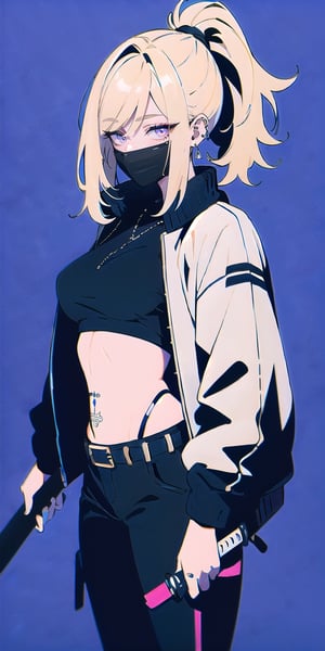 BEST QUALITY, HIGHRES, ABSURDRES, HIGH_RESOLUTION, MASTERPIECE, SUPER DETAIL, HYPER DETAIL, INTRICATE_DETAILS, PERFECTEYES, DARK EYELASHES, EYELINER, SOFT GLOWING EYES, 64K

1girl, solo, long hair, blonde hair, black hair, navel, holding, jewelry, jacket, ponytail, weapon, multicolored hair, cowboy shot, earrings, midriff, belt, pants, sword, holding weapon, crop top, tattoo, thigh strap, mask, holding sword, black pants, piercing, white jacket, katana, sheath, ear piercing, cropped jacket, sheathed, mouth mask, over shoulder, weapon over shoulder, sword over shoulder, neon purple background, simple_background, mature_female,
