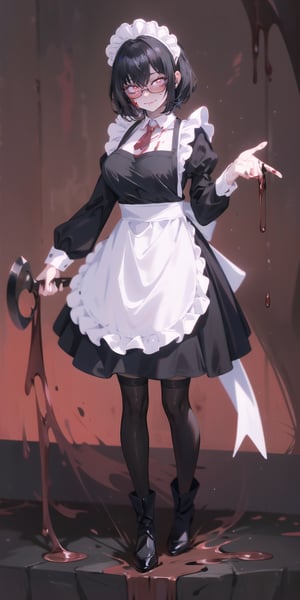 BEST QUALITY, HIGHRES, ABSURDRES, HIGH_RESOLUTION, MASTERPIECE, SUPER DETAIL, HYPER DETAIL, INTRICATE_DETAILS, PERFECTEYES, DARK EYELASHES, EYELINER, SOFT GLOWING EYES, 64K, SCORE_9,

red_background, 1girl, solo, black_hair, maid, thighhighs, maid_headdress, apron, standing, bloody_clothes, short_hair, simple_background, long_sleeves, blood, shadow, bloody_weapon, dress, weapon, holding, maid_apron, frills, black_footwear, closed_mouth, black_dress, black_legwear, full_body, dripping, blood_on_face, hair_over_one_eye, pink_background, puffy_sleeves, looking_at_viewer, shoes, bangs, alternate_costume, holding_weapon, red_theme, black_eyes, blood_splatter, frilled_dress, garter_straps, glasses, legs_apart, half-closed_eyes, expressionless, breasts, wavy_hair, dark_skin, red_eyes, white_apron, glowing_eyes, jewelry, smile, boots, glowing, closed_eyes, frilled_apron, hair_between_eyes, frilled_sleeves, skirt, juliet_sleeves