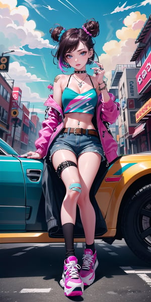 BEST QUALITY, HIGHRES, ABSURDRES, HIGH_RESOLUTION, MASTERPIECE, SUPER DETAIL, HYPER DETAIL, INTRICATE_DETAILS, PERFECTEYES, DARK EYELASHES, EYELINER, SOFT GLOWING EYES, 64K, SCORE_9,

1girl, double_bun, sitting, rating:safe, shoes, tattoo, pink_footwear, solo, jewelry, sneakers, jacket, belt, shorts, cigarette, choker, nose, tubetop, crop_top, pink_jacket, looking_at_viewer, pink_legwear, midriff, coat, nail_polish, breasts, lips, earrings, casual, open_clothes, makeup, brown_hair, brown_eyes, smoking, kuujou_jolyne, knee_up, long_legs, ring, long_sleeves, finger_to_mouth, cleavage, chair, short_shorts, socks, realistic, collar, tank_top, high_heels, eyeshadow, short_hair, strapless, alternate_costume, lollipop, studded_bracelet, sky, looking_to_the_side, multicolored_hair, medium_breasts, neon_lights, bare_legs, black_hair, piercing, legs, lipstick, denim, shirt, spikes, outdoors, building, necklace, chain, closed_mouth, two-tone_hair, bangs, nike, full_body, crossed_legs, weapon, hair_bun, platform_footwear, collarbone, hand_to_own_mouth, sleeves_past_wrists, navel_piercing, letterman_jacket, bandaid, boots, half-closed_eyes, mature_female,anime