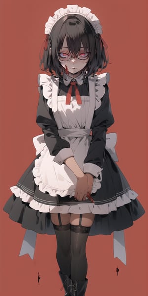 BEST QUALITY, HIGHRES, ABSURDRES, HIGH_RESOLUTION, MASTERPIECE, SUPER DETAIL, HYPER DETAIL, INTRICATE_DETAILS, PERFECTEYES, DARK EYELASHES, EYELINER, SOFT GLOWING EYES, 64K, SCORE_9,

red_background, 1girl, solo, black_hair, maid, thighhighs, maid_headdress, apron, standing, bloody_clothes, short_hair, simple_background, long_sleeves, blood, shadow, bloody_weapon, dress, weapon, holding, maid_apron, frills, black_footwear, closed_mouth, black_dress, black_legwear, full_body, dripping, blood_on_face, hair_over_one_eye, pink_background, puffy_sleeves, looking_at_viewer, shoes, bangs, alternate_costume, holding_weapon, red_theme, black_eyes, blood_splatter, frilled_dress, garter_straps, glasses, legs_apart, half-closed_eyes, expressionless, breasts, wavy_hair, dark_skin, red_eyes, white_apron, glowing_eyes, jewelry, smile, boots, glowing, closed_eyes, frilled_apron, hair_between_eyes, frilled_sleeves, skirt, juliet_sleeves,niji