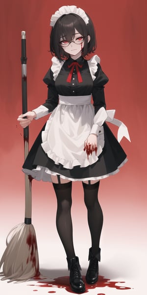 BEST QUALITY, HIGHRES, ABSURDRES, HIGH_RESOLUTION, MASTERPIECE, SUPER DETAIL, HYPER DETAIL, INTRICATE_DETAILS, PERFECTEYES, DARK EYELASHES, EYELINER, SOFT GLOWING EYES, 64K, SCORE_9,

red_background, 1girl, solo, black_hair, maid, thighhighs, maid_headdress, apron, standing, bloody_clothes, short_hair, simple_background, long_sleeves, blood, shadow, bloody_weapon, dress, weapon, holding, maid_apron, frills, black_footwear, closed_mouth, black_dress, black_legwear, full_body, dripping, blood_on_face, hair_over_one_eye, pink_background, puffy_sleeves, looking_at_viewer, shoes, bangs, alternate_costume, holding_weapon, red_theme, black_eyes, blood_splatter, frilled_dress, garter_straps, glasses, legs_apart, half-closed_eyes, expressionless, breasts, wavy_hair, mop, dark_skin, red_eyes, white_apron, glowing_eyes, jewelry, smile, boots, glowing, closed_eyes, frilled_apron, hair_between_eyes, frilled_sleeves, skirt, juliet_sleeves,best quality