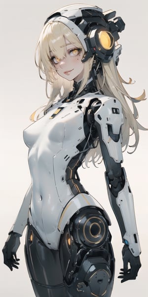 BEST QUALITY, HIGHRES, ABSURDRES, HIGH_RESOLUTION, MASTERPIECE, SUPER DETAIL, HYPER DETAIL, INTRICATE_DETAILS, PERFECTEYES, DARK EYELASHES, EYELINER, SOFT GLOWING EYES, 64K, SCORE_9,

yellow_background, solo, yellow_eyes, breasts, looking_at_viewer, white_hair, bodysuit, cyborg, simple_background, smile, yellow_theme, medium_breasts, long_hair, standing, mole, cyberpunk, covered_navel, cowboy_shot, robot_joints, pale_skin, science_fiction, bangs, hair_over_one_eye, skin_tight, small_breasts, closed_mouth, lips, blush, blonde_hair, glowing, parted_lips