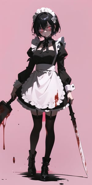 BEST QUALITY, HIGHRES, ABSURDRES, HIGH_RESOLUTION, MASTERPIECE, SUPER DETAIL, HYPER DETAIL, INTRICATE_DETAILS, PERFECTEYES, DARK EYELASHES, EYELINER, SOFT GLOWING EYES, 64K, SCORE_9,

red_background, 1girl, solo, black_hair, maid, thighhighs, maid_headdress, apron, standing, bloody_clothes, short_hair, simple_background, long_sleeves, blood, shadow, bloody_weapon, dress, weapon, holding, maid_apron, frills, black_footwear, closed_mouth, black_dress, black_legwear, full_body, dripping, blood_on_face, hair_over_one_eye, pink_background, puffy_sleeves, looking_at_viewer, shoes, bangs, alternate_costume, holding_weapon, red_theme, black_eyes, blood_splatter, frilled_dress, garter_straps, glasses, legs_apart, half-closed_eyes, expressionless, breasts, wavy_hair, dark_skin, red_eyes, white_apron, glowing_eyes, jewelry, smile, boots, glowing, closed_eyes, frilled_apron, hair_between_eyes, frilled_sleeves, skirt, juliet_sleeves