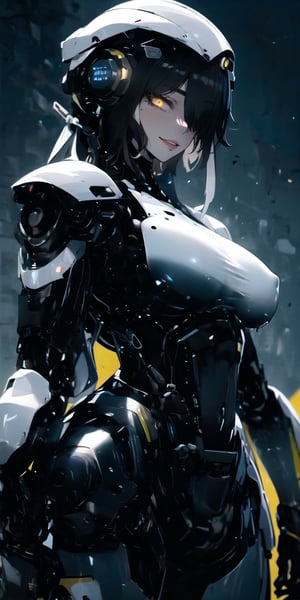 BEST QUALITY, HIGHRES, ABSURDRES, HIGH_RESOLUTION, MASTERPIECE, SUPER DETAIL, HYPER DETAIL, INTRICATE_DETAILS, PERFECTEYES, DARK EYELASHES, EYELINER, SOFT GLOWING EYES, 64K, SCORE_9,

yellow_background, solo, yellow_eyes, breasts, looking_at_viewer, white_hair, bodysuit, cyborg, simple_background, smile, yellow_theme, medium_breasts, long_hair, standing, mole, cyberpunk, covered_navel, cowboy_shot, robot_joints, pale_skin, science_fiction, bangs, hair_over_one_eye, skin_tight, small_breasts, closed_mouth, lips, blush, blonde_hair, glowing, parted_lips