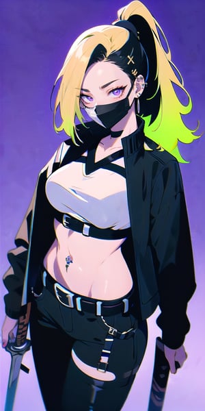 BEST QUALITY, HIGHRES, ABSURDRES, HIGH_RESOLUTION, MASTERPIECE, SUPER DETAIL, HYPER DETAIL, INTRICATE_DETAILS, PERFECTEYES, DARK EYELASHES, EYELINER, SOFT GLOWING EYES, 64K

1girl, solo, long hair, blonde hair, black hair, navel, holding, jewelry, jacket, ponytail, weapon, multicolored hair, cowboy shot, earrings, midriff, belt, pants, sword, holding weapon, crop top, tattoo, thigh strap, mask, holding sword, black pants, piercing, white jacket, katana, sheath, ear piercing, cropped jacket, sheathed, mouth mask, over shoulder, weapon over shoulder, sword over shoulder, neon purple background, simple_background, mature_female, 