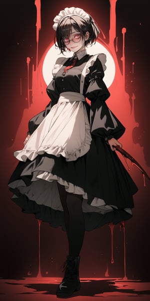 BEST QUALITY, HIGHRES, ABSURDRES, HIGH_RESOLUTION, MASTERPIECE, SUPER DETAIL, HYPER DETAIL, INTRICATE_DETAILS, PERFECTEYES, DARK EYELASHES, EYELINER, SOFT GLOWING EYES, 64K, SCORE_9,

red_background, 1girl, solo, black_hair, maid, thighhighs, maid_headdress, apron, standing, bloody_clothes, short_hair, simple_background, long_sleeves, blood, shadow, bloody_weapon, dress, weapon, holding, maid_apron, frills, black_footwear, closed_mouth, black_dress, black_legwear, full_body, dripping, blood_on_face, hair_over_one_eye, pink_background, puffy_sleeves, looking_at_viewer, shoes, bangs, alternate_costume, holding_weapon, red_theme, black_eyes, blood_splatter, frilled_dress, garter_straps, glasses, legs_apart, half-closed_eyes, expressionless, breasts, wavy_hair, dark_skin, red_eyes, white_apron, glowing_eyes, jewelry, smile, boots, glowing, closed_eyes, frilled_apron, hair_between_eyes, frilled_sleeves, skirt, juliet_sleeves,
