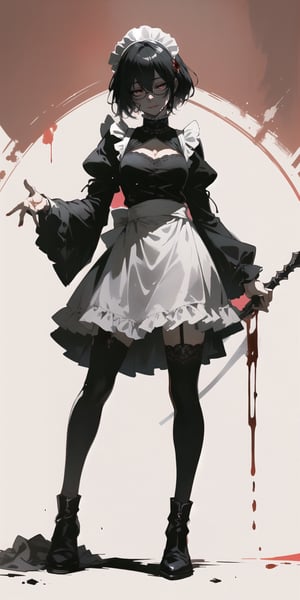 BEST QUALITY, HIGHRES, ABSURDRES, HIGH_RESOLUTION, MASTERPIECE, SUPER DETAIL, HYPER DETAIL, INTRICATE_DETAILS, PERFECTEYES, DARK EYELASHES, EYELINER, SOFT GLOWING EYES, 64K, SCORE_9,

red_background, 1girl, solo, black_hair, maid, thighhighs, maid_headdress, apron, standing, bloody_clothes, short_hair, simple_background, long_sleeves, blood, shadow, bloody_weapon, dress, weapon, holding, maid_apron, frills, black_footwear, closed_mouth, black_dress, black_legwear, full_body, dripping, blood_on_face, hair_over_one_eye, pink_background, puffy_sleeves, looking_at_viewer, shoes, bangs, alternate_costume, holding_weapon, red_theme, black_eyes, blood_splatter, frilled_dress, garter_straps, glasses, legs_apart, half-closed_eyes, expressionless, breasts, wavy_hair, mop, dark_skin, red_eyes, white_apron, glowing_eyes, jewelry, smile, boots, glowing, closed_eyes, frilled_apron, hair_between_eyes, frilled_sleeves, skirt, juliet_sleeves,nodf_lora