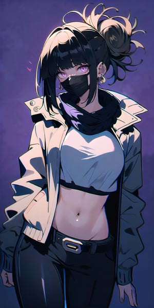 BEST QUALITY, HIGHRES, ABSURDRES, HIGH_RESOLUTION, MASTERPIECE, SUPER DETAIL, HYPER DETAIL, INTRICATE_DETAILS, PERFECTEYES, DARK EYELASHES, EYELINER, SOFT GLOWING EYES, 64K

1girl, solo, long hair, blonde hair, black hair, navel, holding, jewelry, jacket, ponytail, weapon, multicolored hair, cowboy shot, earrings, midriff, belt, pants, sword, holding weapon, crop top, tattoo, thigh strap, mask, holding sword, black pants, piercing, white jacket, katana, sheath, ear piercing, cropped jacket, sheathed, mouth mask, over shoulder, weapon over shoulder, sword over shoulder, neon purple background, simple_background, mature_female,