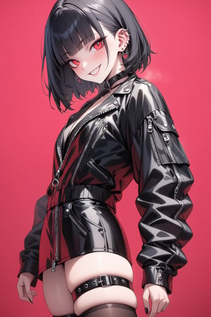 SCORE 9, SCORE 8 UP, SCORE 7 UP, SCORE 6 UP,
BEST QUALITY, HIGHRES, ABSURDRES, 4K, 8K, 64K,
MASTERPIECE, SUPER DETAIL, INTRICATE DETAILS, PERFECTEYES, VERY AESTHETIC,

source_anime, red_background, 1girl, solo, smile, jacket, simple_background, looking_at_viewer, ear_piercing, piercing, jewelry, thighhighs, thigh_strap, black_jacket, earrings, pink_background, bangs, zipper, leather, zipper_pull_tab, red_eyes, standing, cowboy_shot, black_hair, leather_jacket, grin, spikes, short_hair, from_side, collar, long_sleeves, blunt_bangs, choker, black_legwear, sharp_teeth, realistic, cinematic style,