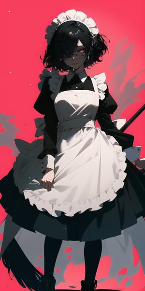 BEST QUALITY, HIGHRES, ABSURDRES, HIGH_RESOLUTION, MASTERPIECE, SUPER DETAIL, HYPER DETAIL, INTRICATE_DETAILS, PERFECTEYES, DARK EYELASHES, EYELINER, SOFT GLOWING EYES, 64K, SCORE_9,

red_background, 1girl, solo, black_hair, maid, thighhighs, maid_headdress, apron, standing, bloody_clothes, short_hair, simple_background, long_sleeves, blood, shadow, bloody_weapon, dress, weapon, holding, maid_apron, frills, black_footwear, closed_mouth, black_dress, black_legwear, full_body, dripping, blood_on_face, hair_over_one_eye, pink_background, puffy_sleeves, looking_at_viewer, shoes, bangs, alternate_costume, holding_weapon, red_theme, black_eyes, blood_splatter, frilled_dress, garter_straps, glasses, legs_apart, half-closed_eyes, expressionless, breasts, wavy_hair, mop, dark_skin, red_eyes, white_apron, glowing_eyes, jewelry, smile, boots, glowing, closed_eyes, frilled_apron, hair_between_eyes, frilled_sleeves, skirt, juliet_sleeves,