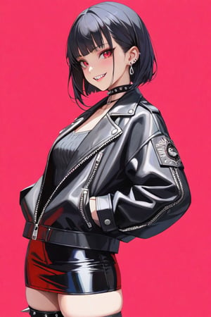SCORE 9, SCORE 8 UP, SCORE 7 UP, SCORE 6 UP,
BEST QUALITY, HIGHRES, ABSURDRES, 4K, 8K, 64K,
MASTERPIECE, SUPER DETAIL, INTRICATE DETAILS, PERFECTEYES, VERY AESTHETIC,

source_anime, red_background, 1girl, solo, smile, jacket, simple_background, looking_at_viewer, ear_piercing, piercing, jewelry, thighhighs, thigh_strap, black_jacket, earrings, pink_background, bangs, zipper, leather, zipper_pull_tab, red_eyes, standing, cowboy_shot, black_hair, leather_jacket, grin, spikes, short_hair, from_side, collar, long_sleeves, blunt_bangs, choker, black_legwear, sharp_teeth, realistic, cinematic style,