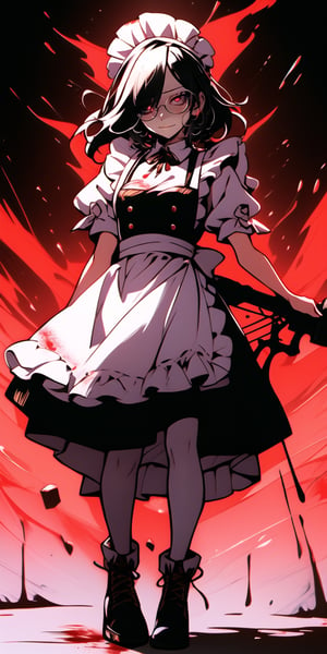 BEST QUALITY, HIGHRES, ABSURDRES, HIGH_RESOLUTION, MASTERPIECE, SUPER DETAIL, HYPER DETAIL, INTRICATE_DETAILS, PERFECTEYES, DARK EYELASHES, EYELINER, SOFT GLOWING EYES, 64K, SCORE_9,

red_background, 1girl, solo, black_hair, maid, thighhighs, maid_headdress, apron, standing, bloody_clothes, short_hair, simple_background, long_sleeves, blood, shadow, bloody_weapon, dress, weapon, holding, maid_apron, frills, black_footwear, closed_mouth, black_dress, black_legwear, full_body, dripping, blood_on_face, hair_over_one_eye, pink_background, puffy_sleeves, looking_at_viewer, shoes, bangs, alternate_costume, holding_weapon, red_theme, black_eyes, blood_splatter, frilled_dress, garter_straps, glasses, legs_apart, half-closed_eyes, expressionless, breasts, wavy_hair, dark_skin, red_eyes, white_apron, glowing_eyes, jewelry, smile, boots, glowing, closed_eyes, frilled_apron, hair_between_eyes, frilled_sleeves, skirt, juliet_sleeves,