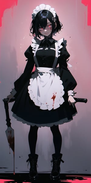 BEST QUALITY, HIGHRES, ABSURDRES, HIGH_RESOLUTION, MASTERPIECE, SUPER DETAIL, HYPER DETAIL, INTRICATE_DETAILS, PERFECTEYES, DARK EYELASHES, EYELINER, SOFT GLOWING EYES, 64K, SCORE_9,

red_background, 1girl, solo, black_hair, maid, thighhighs, maid_headdress, apron, standing, bloody_clothes, short_hair, simple_background, long_sleeves, blood, shadow, bloody_weapon, dress, weapon, holding, maid_apron, frills, black_footwear, closed_mouth, black_dress, black_legwear, full_body, dripping, blood_on_face, hair_over_one_eye, pink_background, puffy_sleeves, looking_at_viewer, shoes, bangs, alternate_costume, holding_weapon, red_theme, black_eyes, blood_splatter, frilled_dress, garter_straps, glasses, legs_apart, half-closed_eyes, expressionless, breasts, wavy_hair, dark_skin, red_eyes, white_apron, glowing_eyes, jewelry, smile, boots, glowing, closed_eyes, frilled_apron, hair_between_eyes, frilled_sleeves, skirt, juliet_sleeves, blacklight