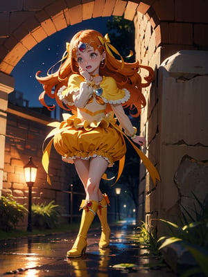 1 GIRL, CURE MUSE
ORANGE HAIR, HAIR RIBBON, YELLOW CHOKER, JEWELRY, BROOCH, CAPELET, TIARA, BOOTS
ood hands, perfect hands, pretty face, perfect face, childish face , full body, perfect body, pretty stockings, walk, night, dungeon, dark dungeon, muddy dungeon, perfect dungeon, nice dress, perfect dress, cave, dark cave, crying, darkness, crying, wall, stone wall, cave,