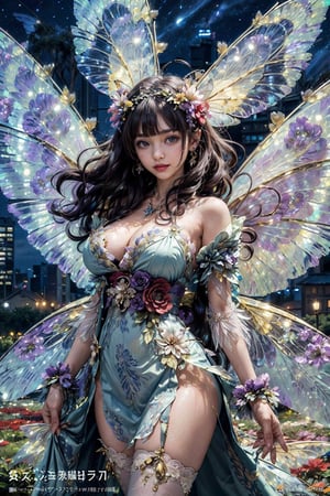 (masterpiece, best quality:1.2), 
1girl, 
(Dynamic pose:0.8), 
(solo:1.5), 
(cowboy shot:1.2), 
(from top down:0.8),
(thigh:0.3), 

(red Flower pattern kimono:1.2),
(Flower pattern:1.1),(huge fairy wings:1.5),fairy,Butterfly wings,sparkle,(hair flower garland:1.4),(blunt bangs:1),Flower necklace,Flower earrings,jewelry,Flower trim,(white garter stockings:1),long curly hair,(smile:1),Flower field,

(wind:1.5), 
(magazine cover title:1.2), 
(over city view background:1.2),
((night)),





