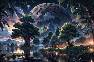 Landscape, sky, blurry, tree, stunning aesthetics, moonlight, majestic jungle, beautiful and detailed image, reflection, moon, 8k,detail,midjourney,pastelbg