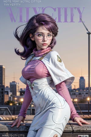 (masterpiece, best quality:1.2), 
1girl, 
(Dynamic pose:0.8), 
(solo:1.5), 
(cowboy shot:1.2), 
(from side way:1.1),
(thigh:0.5), 

((purple hair)),
((long hair)),
wicke, green eyes, pink glasses,
pink sweater, white skirt, white capelet, white boots, thigh boots,

(wind:1.5), 
(magazine cover title:1.2), 
(over night city background:1.4),
(Realistic:1.5),




