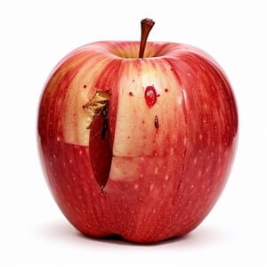 A rotten red apple with a blank background