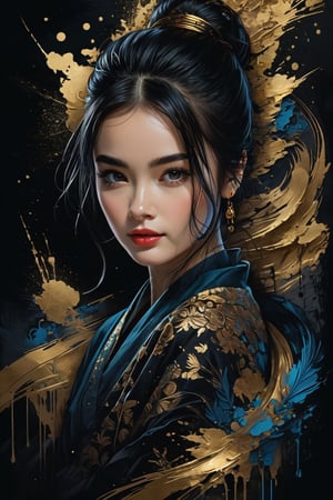 masterpiece, high quality photo, cool tone, (black simple background), colorful cute-girl carved on gold, (wide shot), unpleasant look, drtailed face,INK,ink