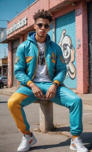 A fashionable young man taking photos in the sunny weather, wearing colorfull urban techwear with a background of Memphis-style photography elements, featuring bright colors and artistic vibes. High-definition photo of a trendy man in vibrant Memphis-style setting under the sun, full of lively colors and youthfull energy, Nice legs and hot body,urban techwear