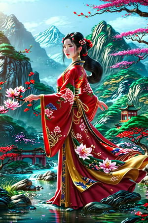 A girl wearing traditional Chinese Hanfu, a red dress with floral patterns, long black hair, and an exquisite hairstyle. The girl stands surrounded by flowers and trees. With mountains and rivers as the background, real Chinese style landscape - Mountain and Water
