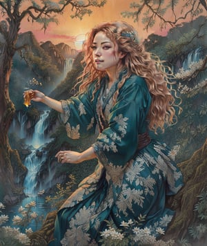 Cinematic results,  intricate ultra detailed portrait picture of a woman with honey hair climbinga tree,  work of beauty and complexity, 8kUHD, spanish moss background with tiny flowers,ColorART,hyper real extra effect add, waterfall,  golden hour ,Ukiyo-e