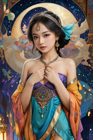 more detail XL,Movie Still, Illustration from One Thousand and One Nights, fantasy style, beautiful, colorful, aesthetic, cute, harmonious, professional drawing, masterpiece, 1024K,Asian