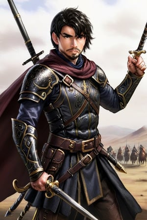 solo, black hair, 1boy, holding, weapon, male focus, sword, cape, holding weapon, armor, facial hair, traditional media, polearm, riding, manly, horse, horseback riding
