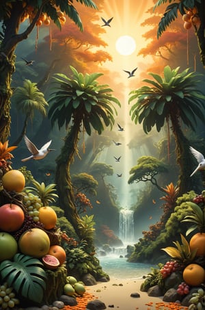 diorama, landscape, environment, The painting depicts a tropical rainforest with trees and fruits growing to surreal, impossible sizes, creating a magical, dreamlike space. Birds are flying against a setting sun. autumn, trending on artstation, sharp focus, studio photo, intricate details, highly detailed, by Hokusai style, vivid colors, 