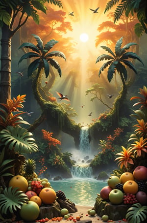 diorama, landscape, environment, The painting depicts a tropical rainforest with trees and fruits growing to surreal, impossible sizes, creating a magical, dreamlike space. Birds are flying against a setting sun. autumn, trending on artstation, sharp focus, studio photo, intricate details, highly detailed, by Hokusai style, vivid colors, 