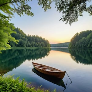 A serene scene of a picturesque lake with crystal clear water, surrounded by lush green trees and gentle rolling hills. The soft glow of the sun sets in the distance, casting warm golden hues over the landscape. A small wooden boat sits peacefully on the calm water, and a gentle breeze rustles the leaves in the background. The overall atmosphere is one of peace and tranquility.