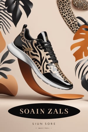 A sleek, modern shoe company logo featuring an abstract, stylized image of a shoe with a bold, eye-catching design. The logo incorporates elements inspired by nature, such as leaves or animal print patterns. The company's catchphrase, "Unleash your animal spirit," is written in a modern, bold font beneath the shoe image. The overall design is minimalistic yet striking, inviting potential customers to explore their wild side and find the perfect shoe to express their unique style.