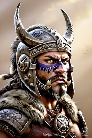 Northern wolf, in a Viking helmet, logo, fantasy art, style by Boris Vallejo