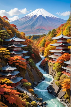 diorama, landscape, environment, Road to the top of Mount Fuji, autumn, trending on artstation, sharp focus, studio photo, intricate details, highly detailed, by Hokusai style, vivid colors, 