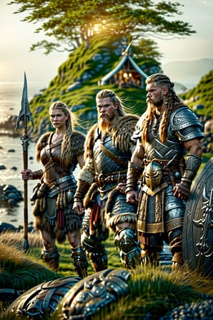 three Viking-style people and armor in front of a Viking village, real life skin, intricate, elegant, highly detailed, artstation, concept art, smooth, sharp focus, art by artgerm and greg rutkowski and alphonse mucha,island,DonMD34thKn1gh7XL