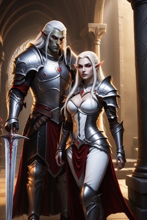 The image shows a high, dark elf woman in armor with red eyes with long white hair, dressed in armor, looking at a blond man in armor. He stands behind her. The man has a sword in his hands. He looks at the elf. Both characters are in a dark room, Columns and arches are visible in the background, Gothic, Sylvanas Windrunner, Warcraft style