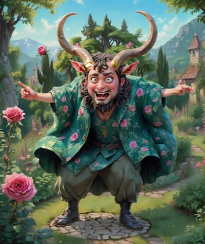 rose with horns, funny facial expressions, Exaggerated action, 3D character, green garden background, a little hairy, round shape, cartoon style, maximalism