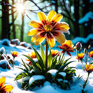 LegendDarkFantasy,DonMB4nsh33XL, (Masterpiece, best quality), (((in the center of the composition there is an icy number 8 and begins to melt))), bright cheerful first flowers, young green juicy grass, against the backdrop of a clearing with melting snow, Bright rays of the sun, beautiful, elegant, harmonious, aesthetics, professional photo , ISO-250, nerd art, Boris Vallejo style, octane render, CGI, 1024K,realistic,more detail XL