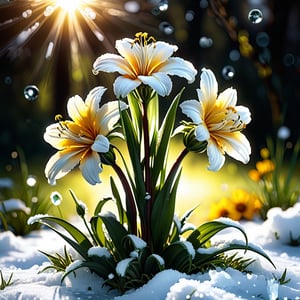 LegendDarkFantasy,DonMB4nsh33XL, (Masterpiece, best quality), (((in the center of the composition there is an icy number 8 and begins to melt))), bright cheerful first flowers, young green juicy grass, against the backdrop of a clearing with melting snow, Bright rays of the sun, beautiful, elegant, harmonious, aesthetics, professional photo , ISO-250, nerd art, Boris Vallejo style, octane render, CGI, 1024K,realistic,more detail XL