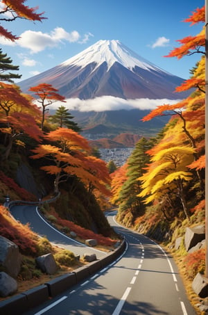 diorama, landscape, environment, Road to the top of Mount Fuji, autumn, trending on artstation, sharp focus, studio photo, intricate details, highly detailed, by Hokusai style, vivid colors, 