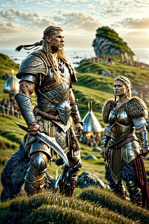 three Viking-style people and armor in front of a Viking village, real life skin, intricate, elegant, highly detailed, artstation, concept art, smooth, sharp focus, art by artgerm and greg rutkowski and alphonse mucha,island,DonMD34thKn1gh7XL